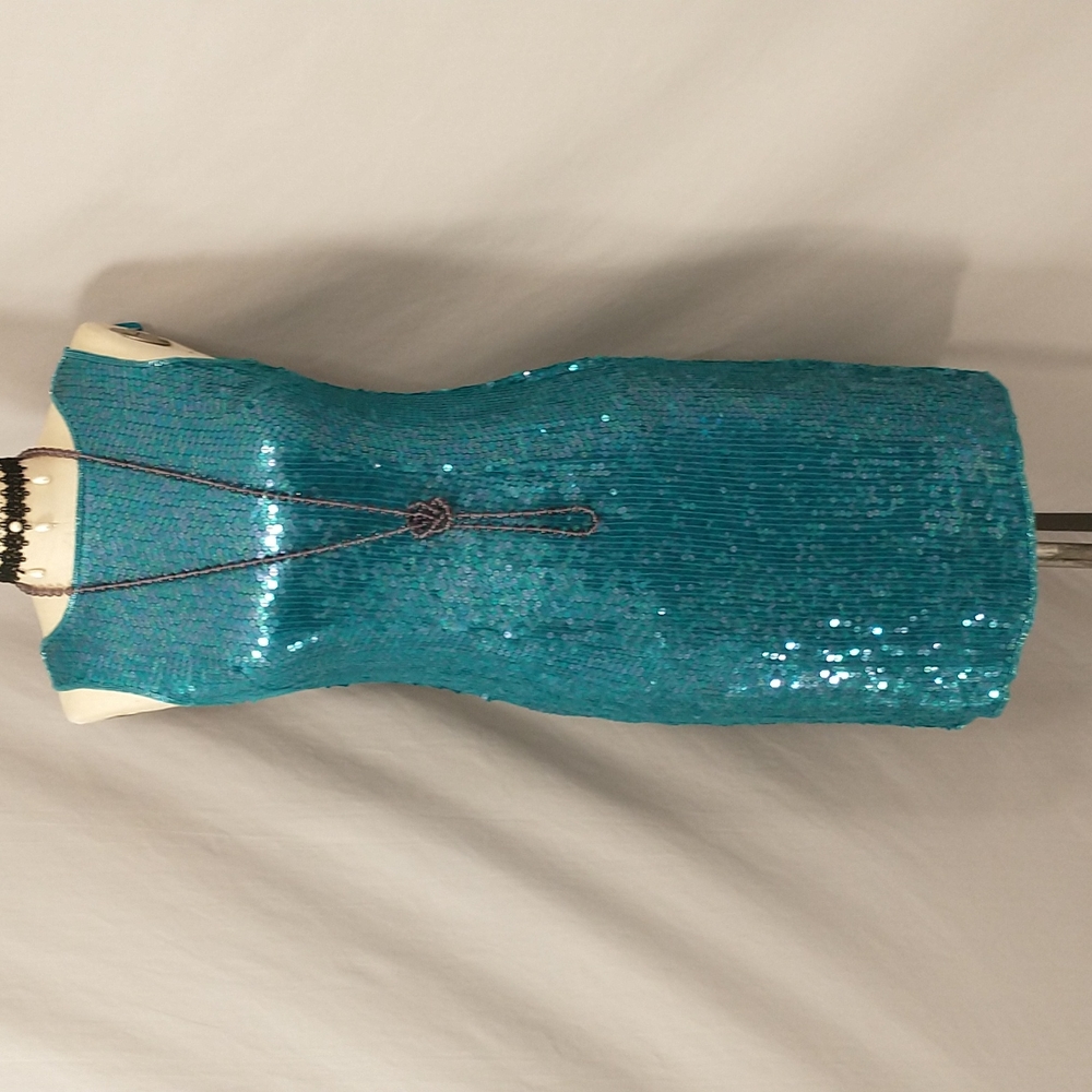 Vintage Sequin Dress Scala Shimmery Turquoise Short Evening Party r Costume Sexy